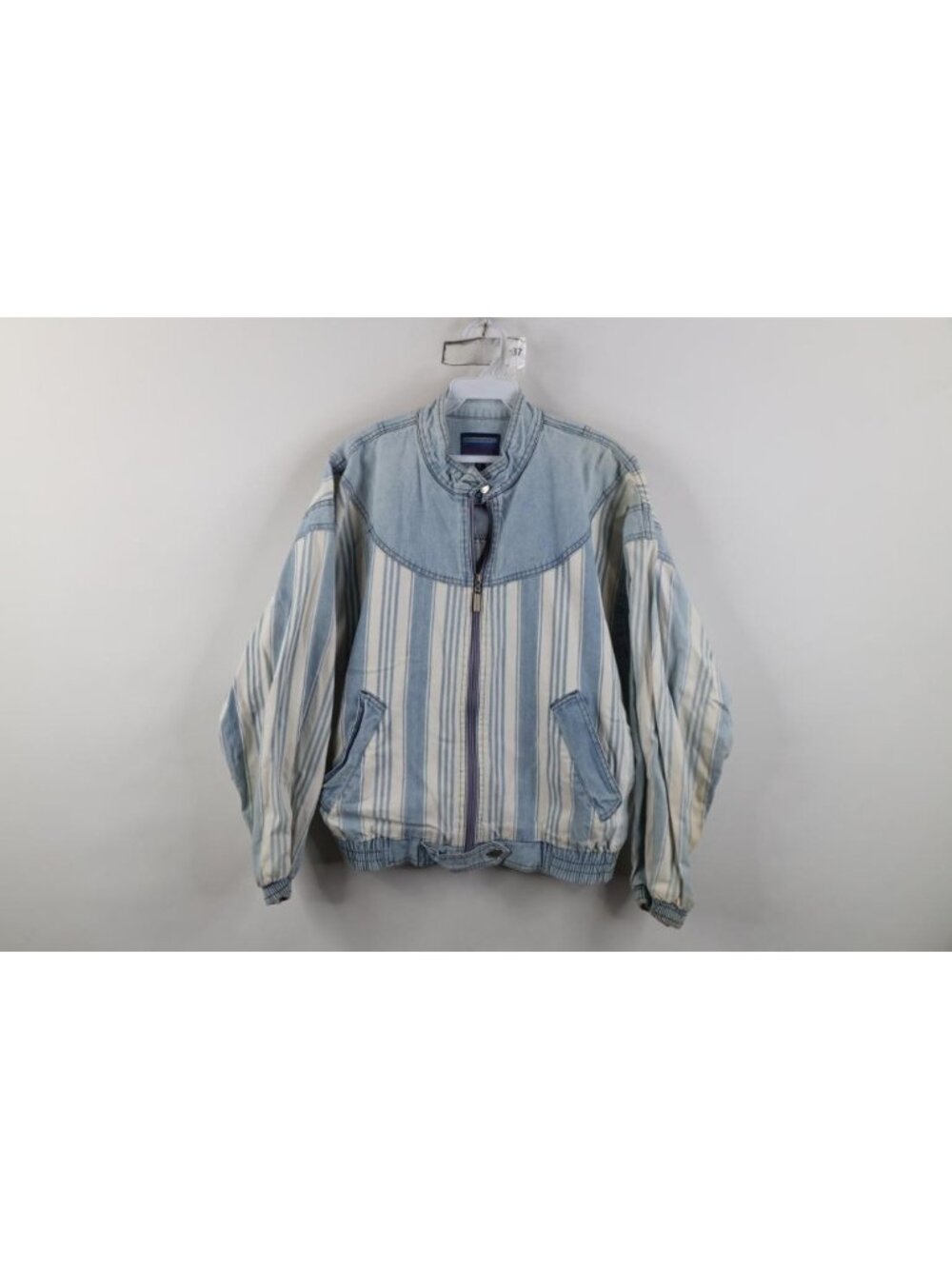 Vtg 90s Full Zip Denim Jean Bomber Jacket Womens Size M Blue Striped Distressed